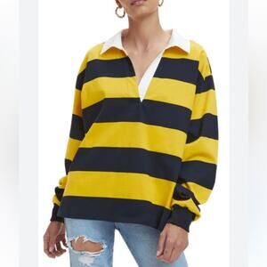 Good American Rugby long sleeve SZ  7/8 (4X-5X) Emory Black strips woman's polo
